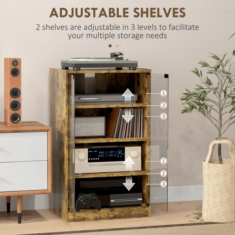 Homcom Media Cabinet, 4 Tier Stereo Cabinet, Modern Audio Video Media Stand With Adjustable Shelves, Tempered Glass Doors, And Cable Management, Rustic Brown