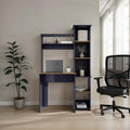 Navy Blue And Natural Oak Computer Desk With Hutch And Side Bookshelf