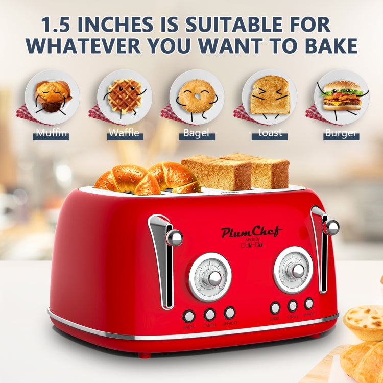 4 Slice Retro Style Toaster, Dual Control Toaster , 6 Browning Settings, Bagel Defrost Functions, Removable Crumb Tray, Stainless Steel Housing 1650W, Red
