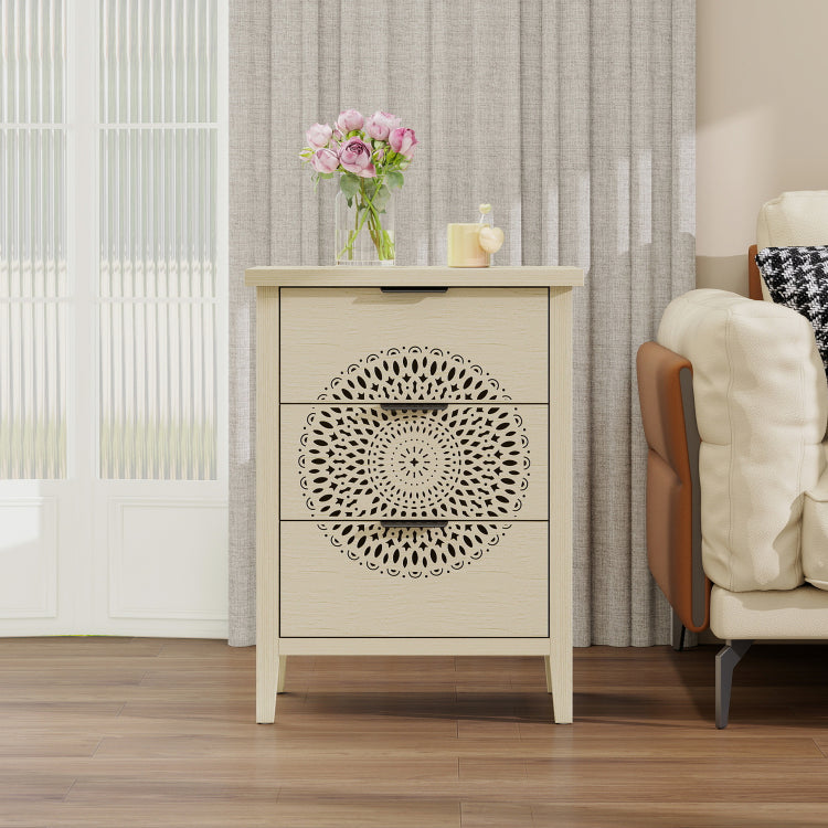 Hollow Carved 3 Drawer Cabinet Dresser Storage Chest With Metal Handles For Living Room Bedroom