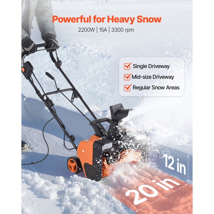 Electric Snow Blower, 20 Inch 15A Corded Snow Thrower With Dual Led Headlights & 180 Rotating Chute, 25Ft Throwing Distance, 12" Depth Clearing, Walk Behind Snowblower For Driveway Sidewalk