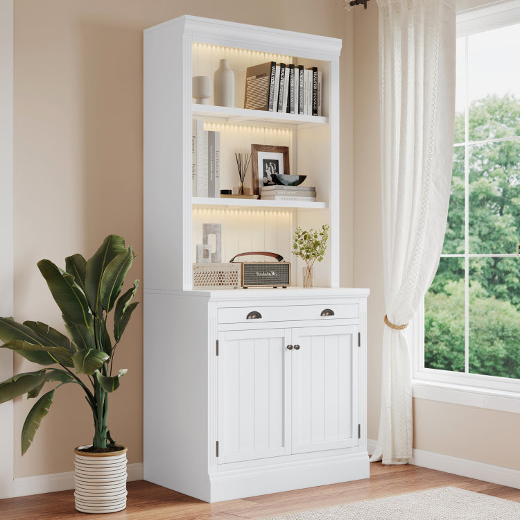 83.4"Tall Bookshelf With 3 Pieces Led Lighting, Modern Bookcase With 2 Doors And 1 Drawer,Storage Bookcase With Open Shelves For Living Room,Home Office,White