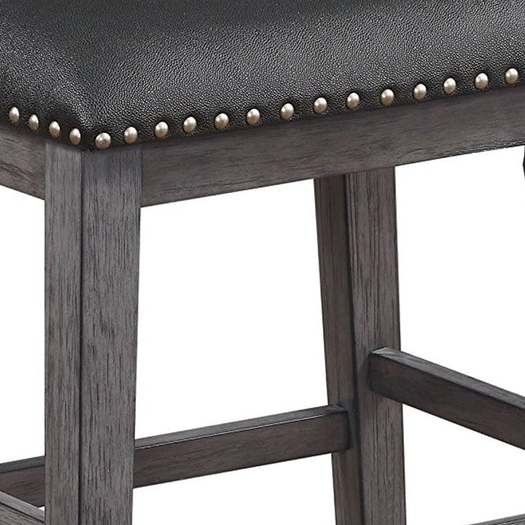 Wood & Leather Counter Height Stool With Nail Head Trim, Set Of 2, Black & Gray