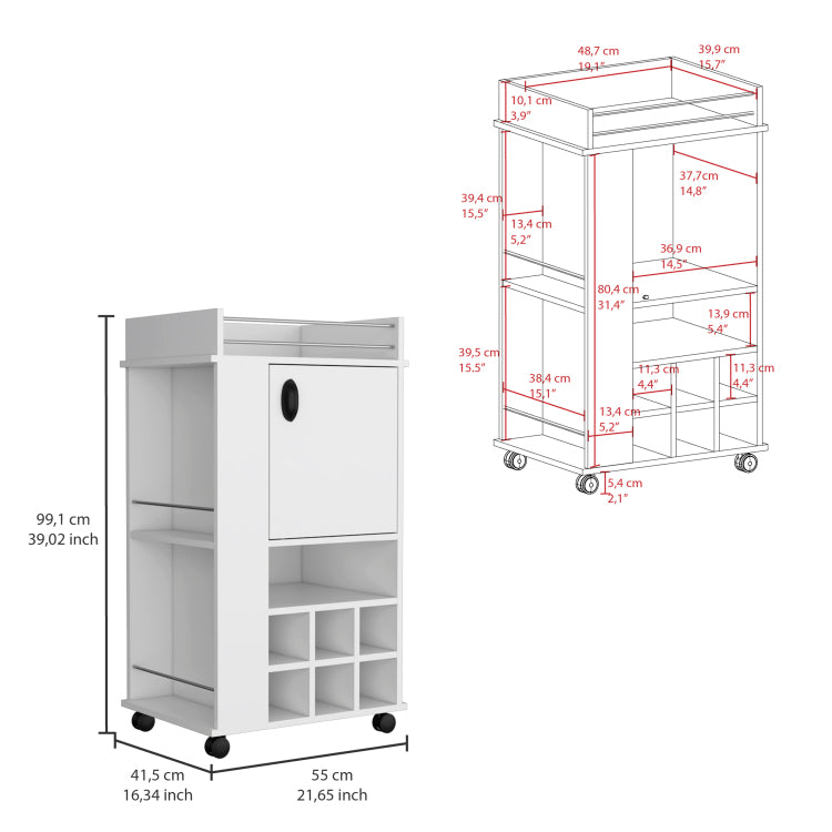 Fargo Bar Cart With Cabinet, 6 Built In Wine Rack And Casters