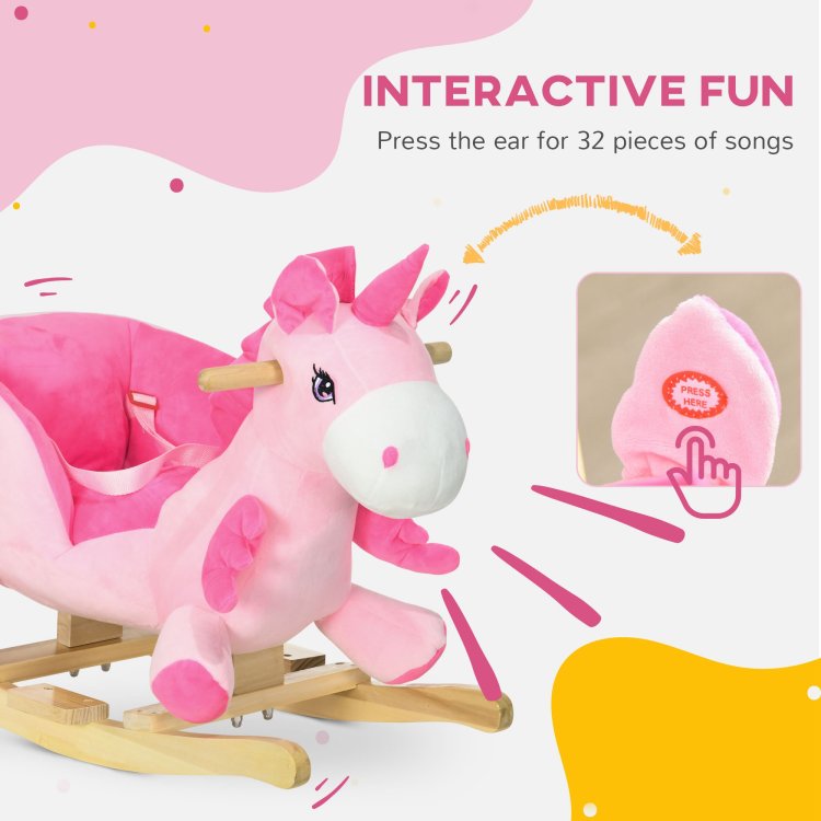 Qaba Baby Rocking Horse, Ride On Unicorn With 32 Songs, Toddler Rocker Toy With Wooden Base Seat Safety Belt For 1.5 3 Year Old, Pink