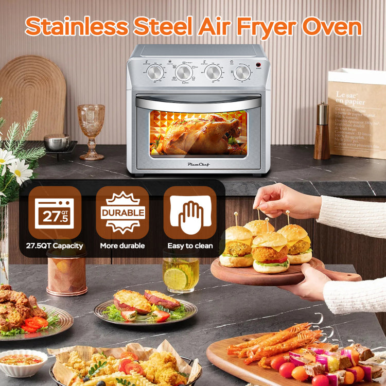 Plum Chef Air Fryer Oven 27.5Qt, 6 In 1 Countertop Oven, Air Fry, Bake, Broil, Toast, Warm, Dehydrate, 4 Knob Control, 1600W, Family Size, Silver