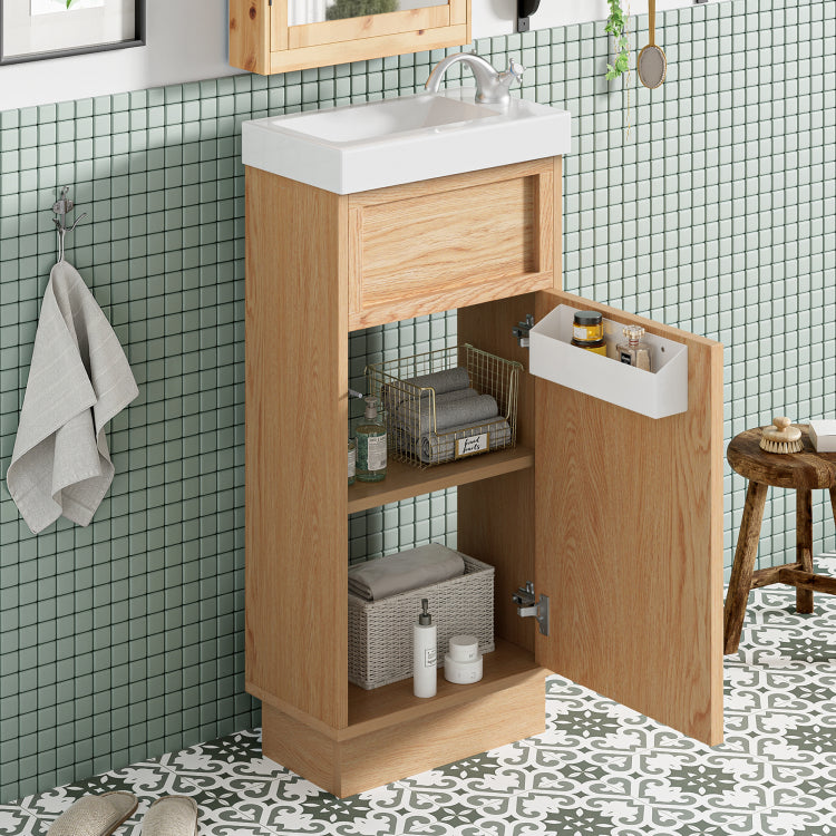 15.75" Bathroom Vanity With Reversible Resin Sink, Mdf Cabinet With Adjustable Shelf And Push To Open Door, Wood Grain Melamine Finish, Reversible Door, Rustic Style For Small Spaces