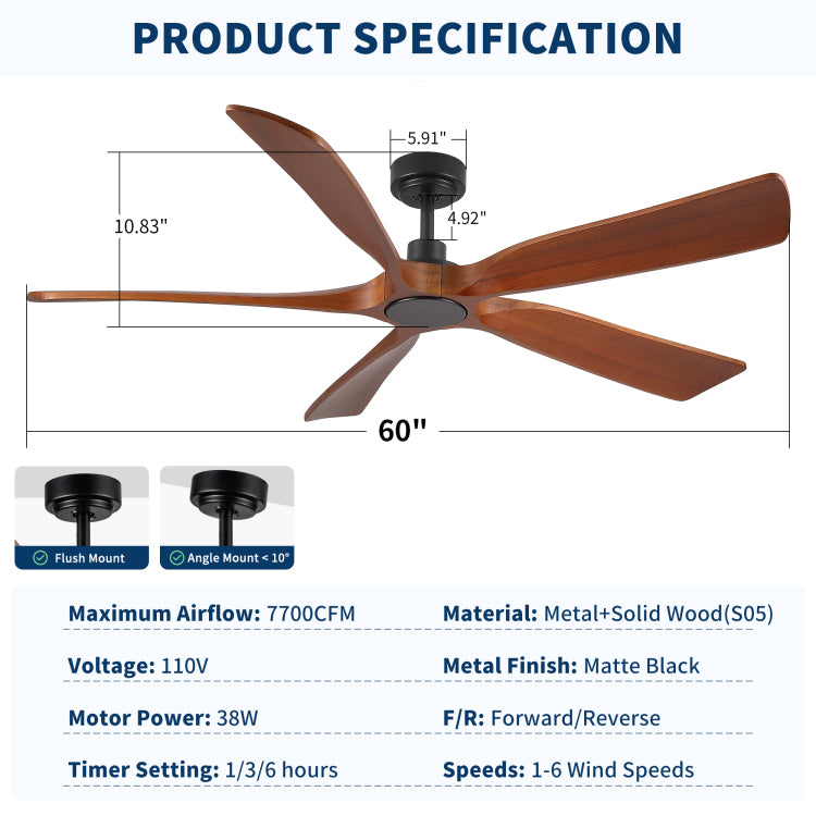 60" Modern Farmhouse Vintage Mahogany Solid Wood With Light And Remote Control, Noiseless, 6 Speeds Reversible, Quiet Dc S For Indoor Or Covered Outdoor Use, Etl Listed