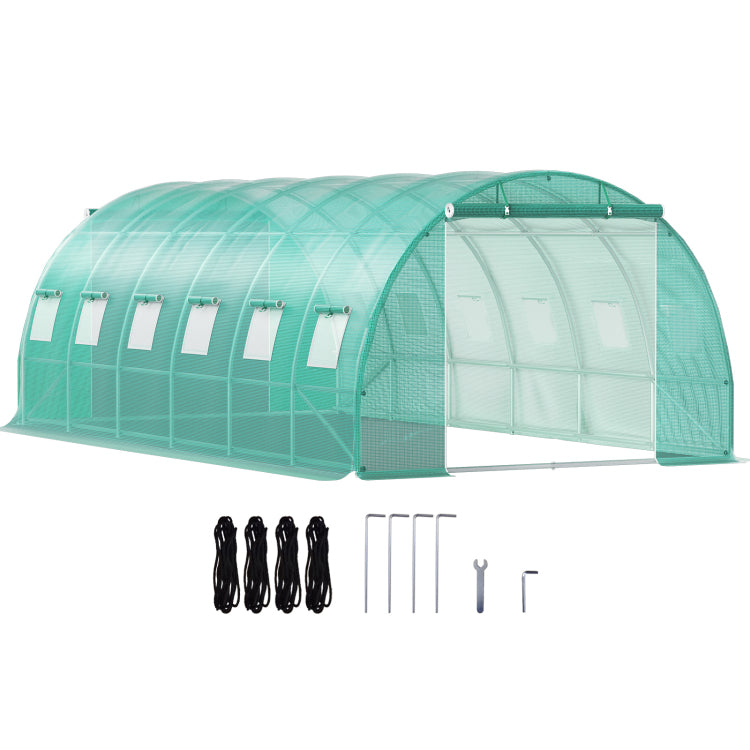 Walk In Tunnel Greenhouse, 20 X 10 X 7 Ft Portable Plant Hot House W Galvanized Steel Hoops, 3 Top Beams, Diagonal Poles, 2 Zippered Doors & 12 Roll Up Windows, Green