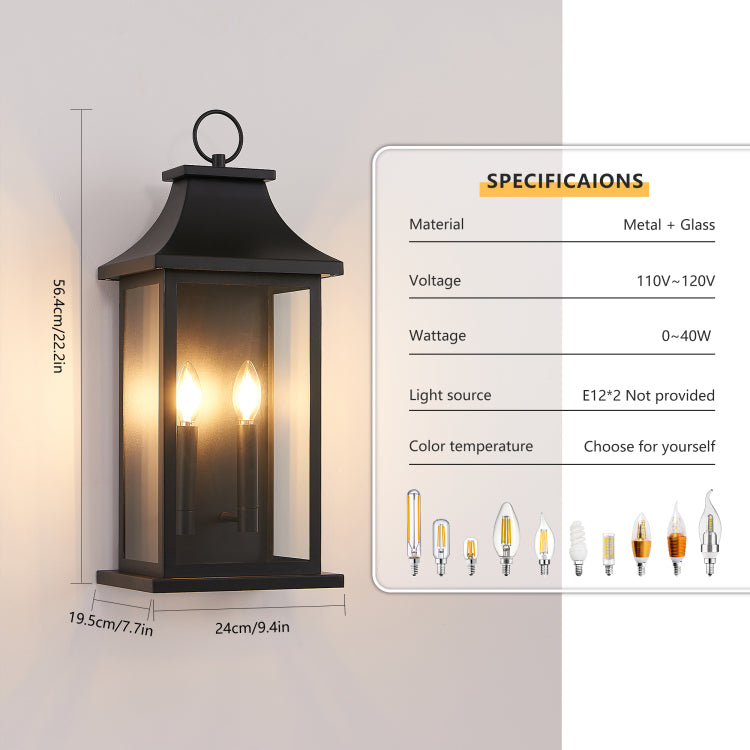 Outdoor Wall Lantern 2 Light, 22" Large Outside Wall Sconce, Modern Black Wall Light Fixture With Glass, Waterproof Exterior Lamp For House, Porch, Garage Bulbs Not Included