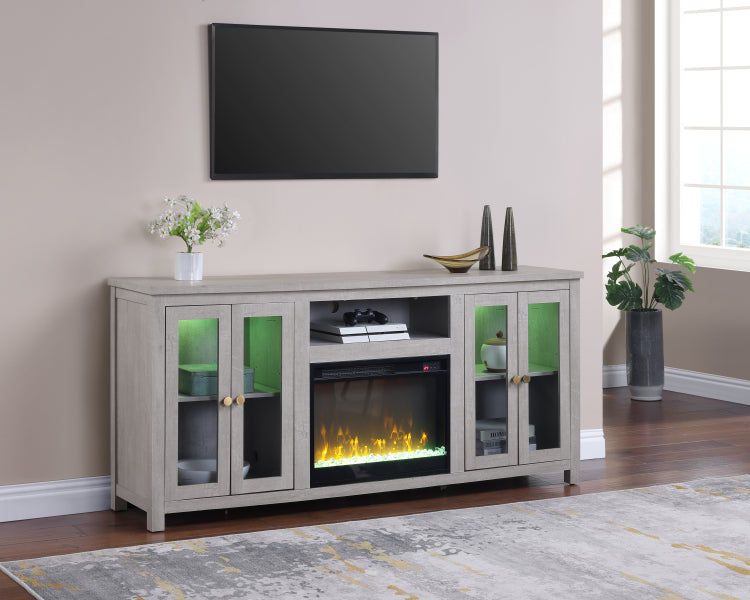 Ellington 70"W Light Gray Finish Fireplace Tv Stand Console With Heater, Led Light, Cabinets, Shelves