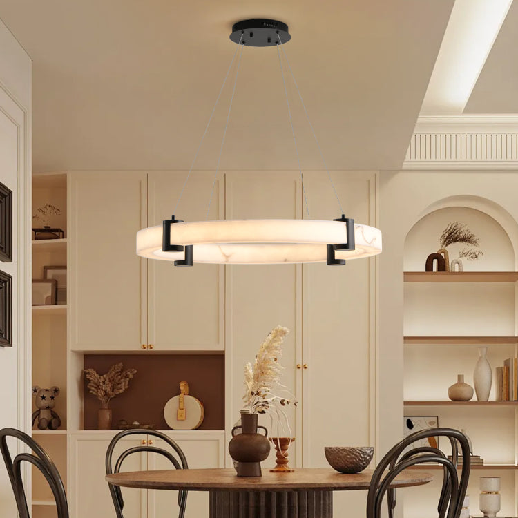 Modern Led Pendant Light, 24 Inch Round Hanging Chandelier With Adjustable Height, Imitation Marble Finish Resin Ring Ceiling Light For Dining Room, Kitchen Island, Living Room