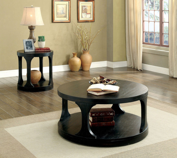 Transitional Style Antique Black Finish Bold Round Structure 1Pc Coffee Table With Extra Storage Shelf I Designed Legs End Table Not Included