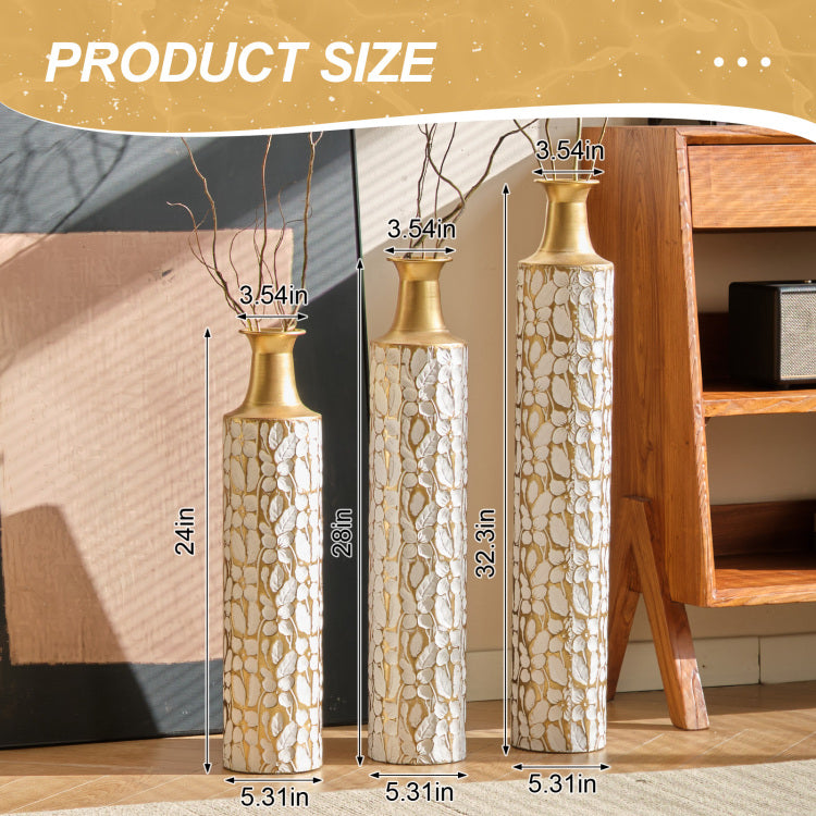 Decorative Metal Vases Set Of 3, 24 28 32.3 Inch Gold Leaf Pattern Floor Vases, White & Gold Tall Vases For Home Decor, Living Room Entryway Decor 5.31In Base Width