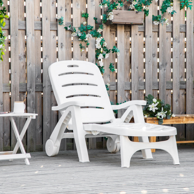 Outsunny Outdoor Chaise Lounge, 5 Level Adjustable Backrest Lounge Chair With Wheels, Folding Tanning Chair For Pool, Beach, Patio, Garden, White