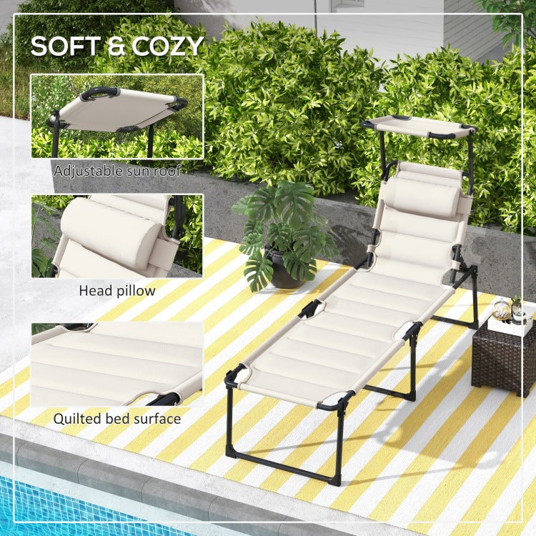 Outsunny Outdoor Lounge Chair, Adjustable Backrest Folding Chaise Lounge, Cushioned Tanning Chair W Sunshade Roof & Pillow Headrest For Beach, Camping, Hiking, Cream White
