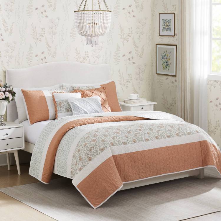 6 Piece Cotton Percale Quilt Set With Throw Pillows Coral Full Queen