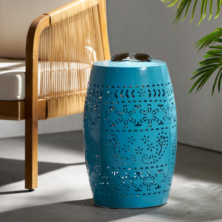 Ruby Side Table, Lace Cut Metal End Table For Outdoor & Indoor Use, Barrel Shape Accent Table With No Assembly Needed For Garden, Patio, Living Room, Backyard Decor,Blue Color