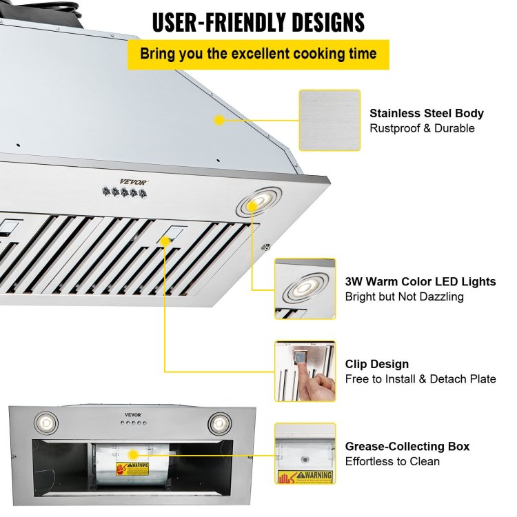 Insert Range Hood, 800Cfm 3 Speed, 30 Inch Stainless Steel Built In Kitchen Vent With Push Button Control Led Lights Baffle Filters, Ducted Ductless Convertible, Etl Listed