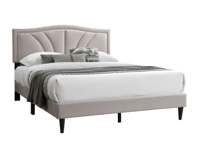 Modern Vintage 1Pc Full Size Bed Light Brown Burlap Fabric Nailhead Trim Accents Headboard Bedframe