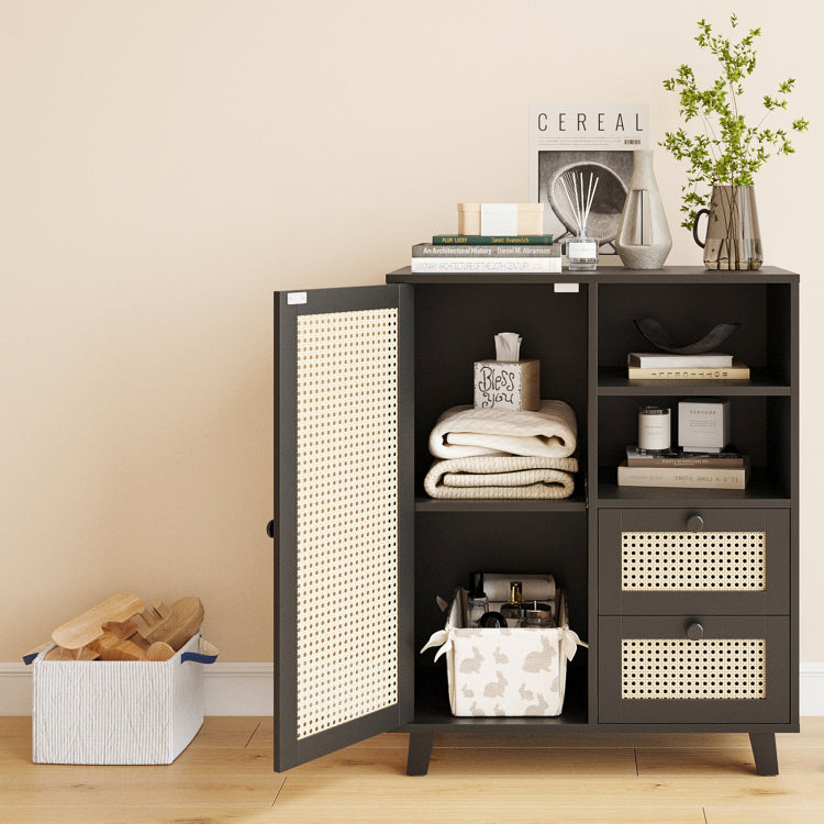 Rattan Buffet Cabinet With Adjustable Shelf, Sideboard With Drawers For Living Room, Kitchen, Entryway