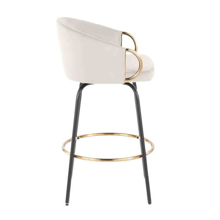 26" Contemporary Fixed Height Counter Stool With Swivel In Black Metal And Cream Velvet With Gold Metal Accents Set Of 2