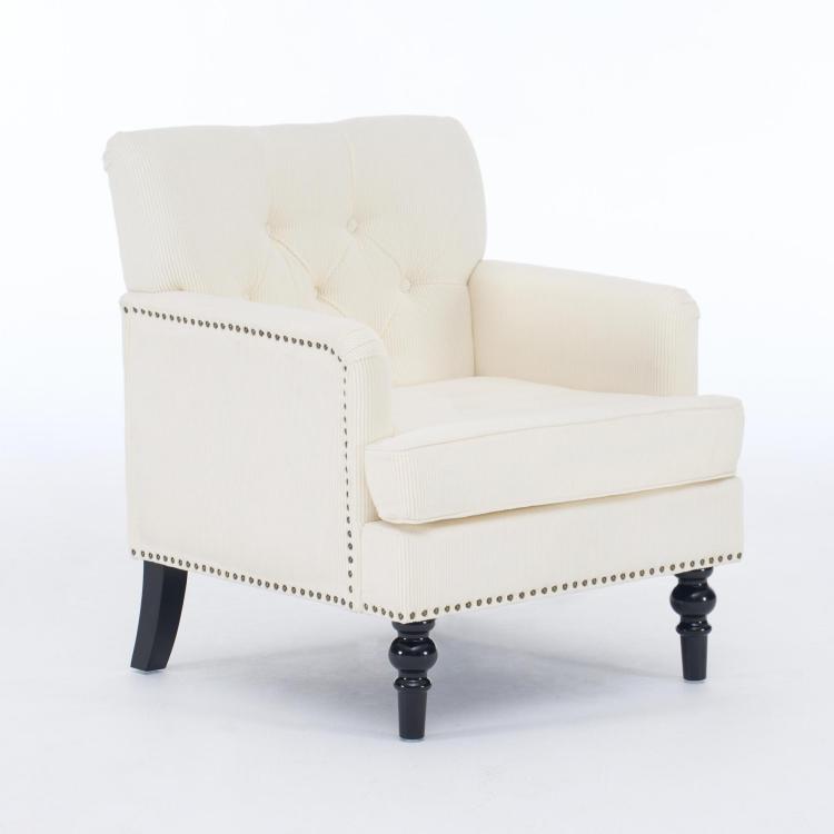 Tufted Club Chair, Accent Chair, Upholstered Button Armchair, Linen Fabric Corduroy Sofa Chairs For Bedroom, Living Room, Mid Century Modern With Studded Reading Chair Beige
