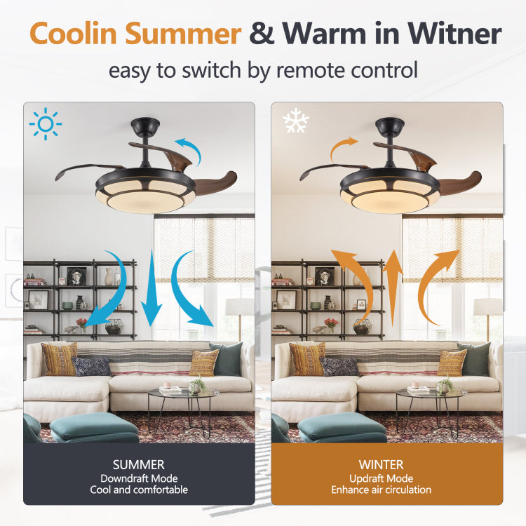 42" Retractable With Light, Modern Led Chandelier Fan With Remote Control, 6 Speed Adjustable Blades, Quiet Dc Motor, Dimmable Lighting For Living Room, Bedroom, Dining Room