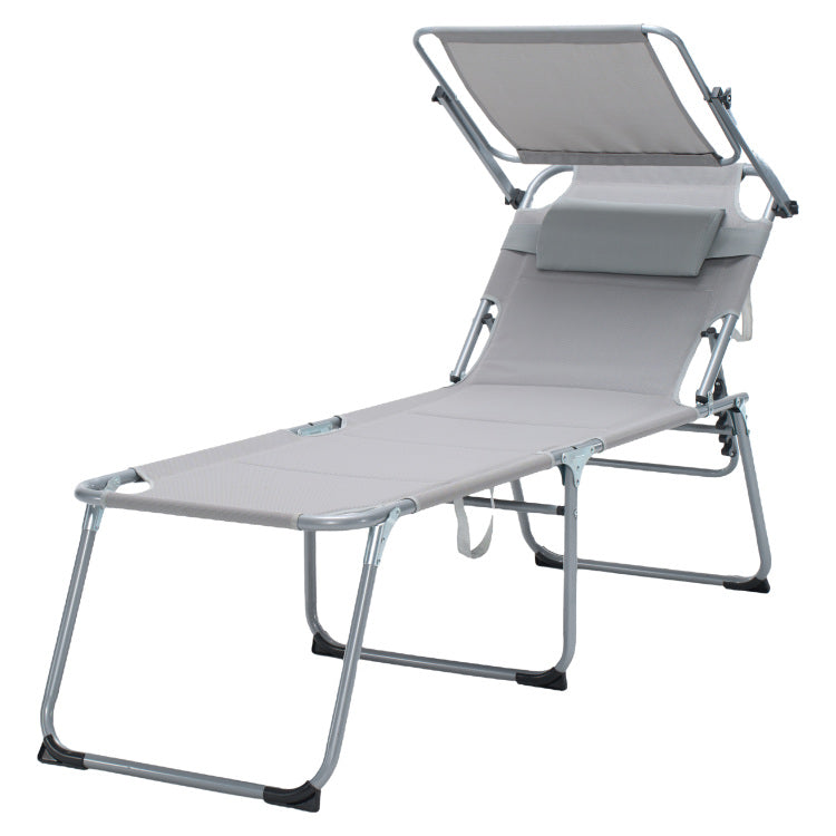 Folding Lounge Chair With Canopy, Pool Chair, Patio Sun Tanning Chair, Outdoor Reclining Chair With Position Adjustable Backrest, Mesh Seat, Suitable For Beach. Gray, 2 Pcs