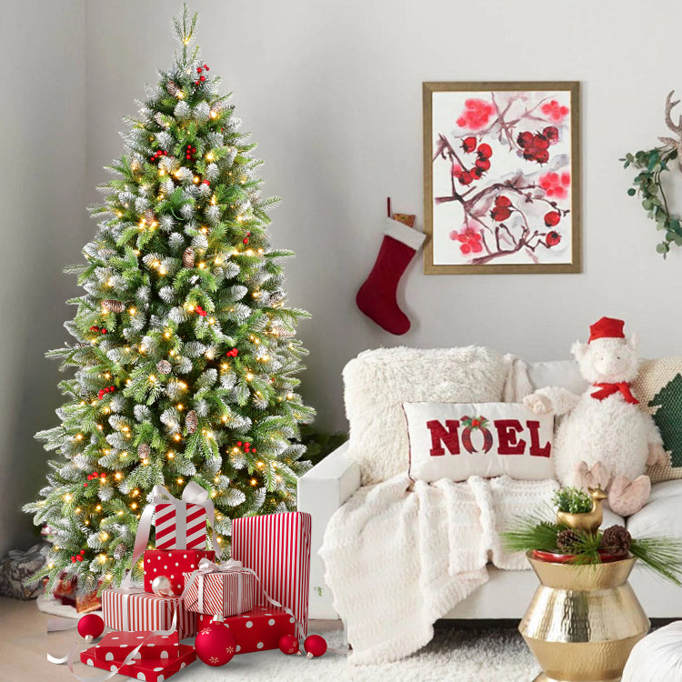 6Ft Pre Lit Artificial Christmas Tree With 380 Warm White Led Lights, 1264 Tips, Frosted Greenery With Red Berries & Natural Pinecones, Full Holiday Tree With Sturdy Metal Stand For Indoor