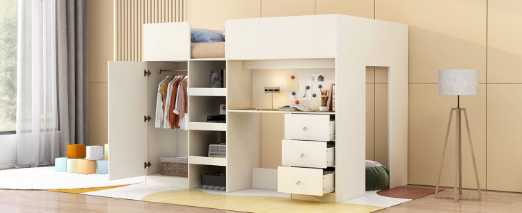 Wood Full Size Loft Bed With Built In Wardrobe, Desk, Storage Shelves And Drawers, Beige