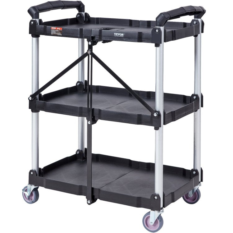 Foldable Utility Service Cart, 3 Shelf 165Lbs Heavy Duty Plastic Rolling Cart With Lockable Wheels, Ergonomic Handle, Portable Garage Tool Cart For Warehouse Office Home 25.62"X15.43"X32.76"