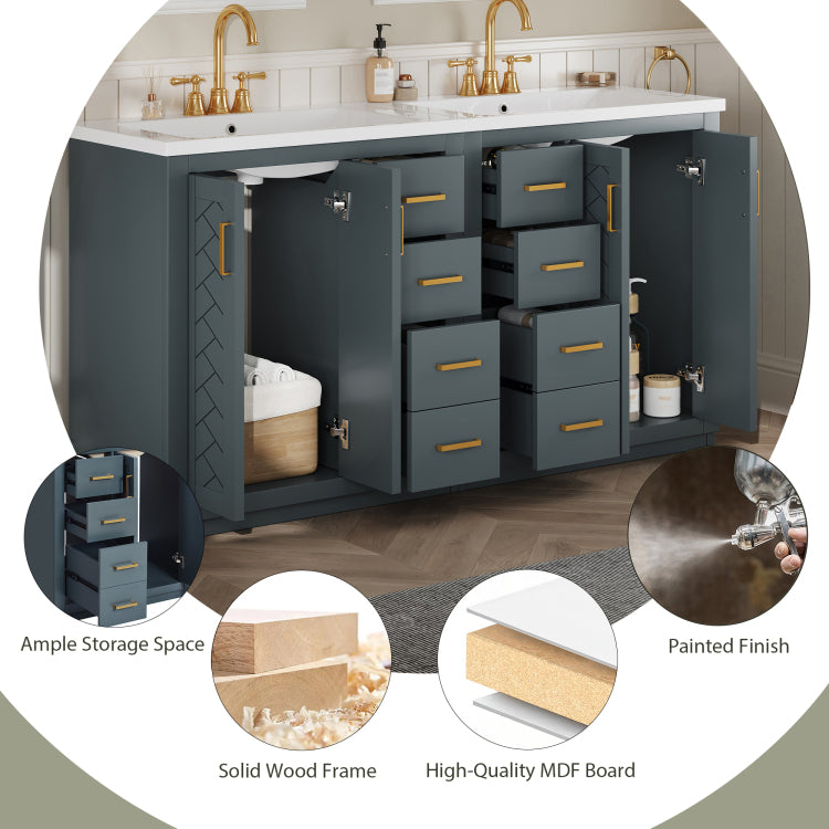 60'' Bathroom Vanity Set With Ceramic Sink Separate , Solid Wood Frame Bathroom Storage Cabinet, Freestanding Vanity Set With Drawers & Soft Closing Doors