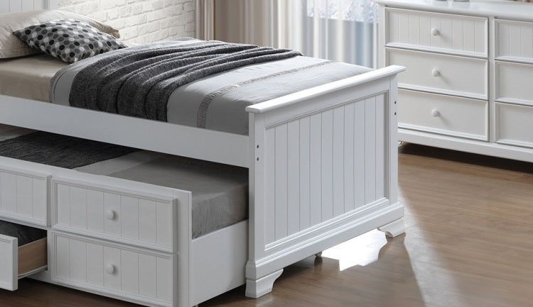 Transitional Style Capital Twin Bum Bed White Finish Headboard And Footboard Panel Trundle With 3 Storage Drawers Mortise & Tenon Joint