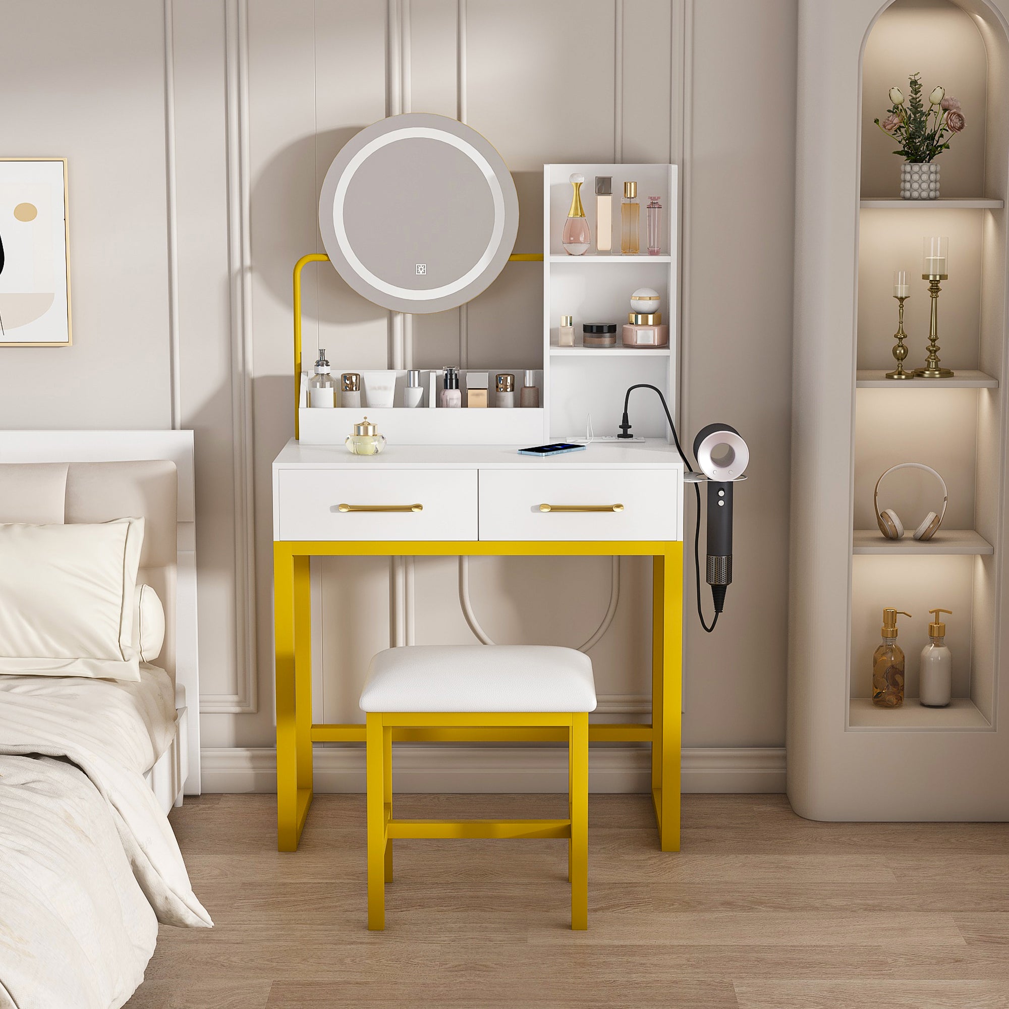 Makeup Vanity With Led Lights&3 Color And Power Outlet Makeup Vanity Table With 2 Big Drawers With Sturdy Metal Leg And Metal Chair Dressing Table For Bedroom Dressing Room White