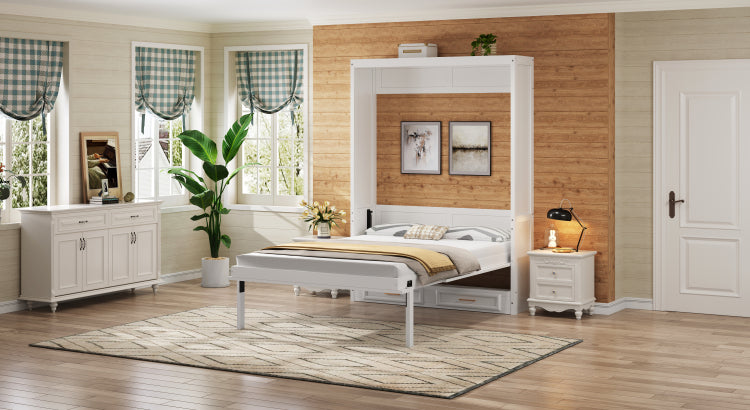 Full Size Murphy Bed With 2 Drawers, Beige