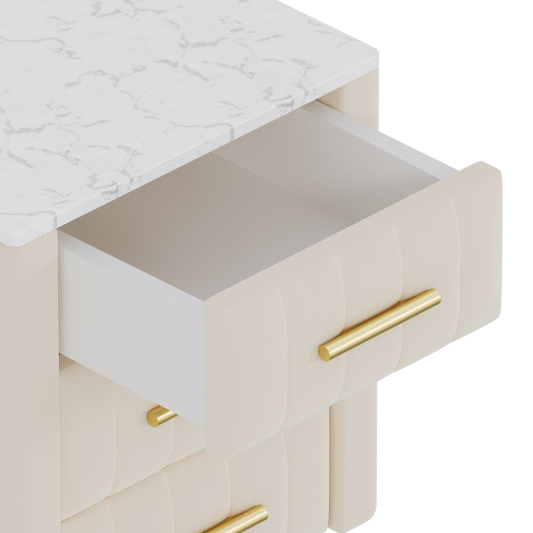 Upholstered Wooden Nightstand With 3 Drawers And Metal Legs&Handles, Bedside Table With Marbling Stickers Worktop Beige