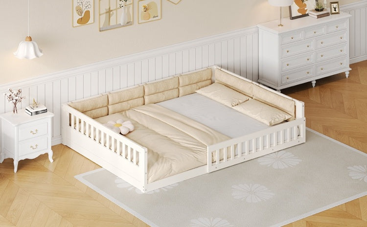 Wood Full Size Upholstered Platform Bed With Guardrail And Pillow, Beige