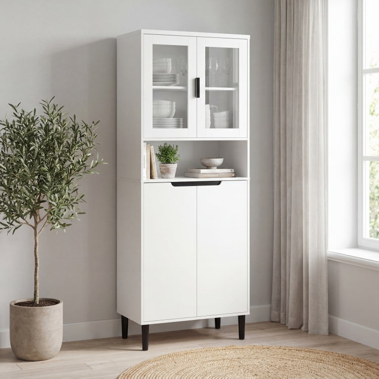 Tempered Glass Door Tall Storage Bookcase With Adjustable Board, 4 Doors Mdf Painting Finished Cabinet, White, Living Room Bedroom Storage