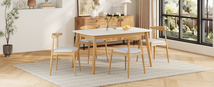 5 Piece Mid Century Modern Dining Set Solid Wood Frame Table 4 Beige Upholstered Chairs, White Oak Beige Same Sku: N759S296907K