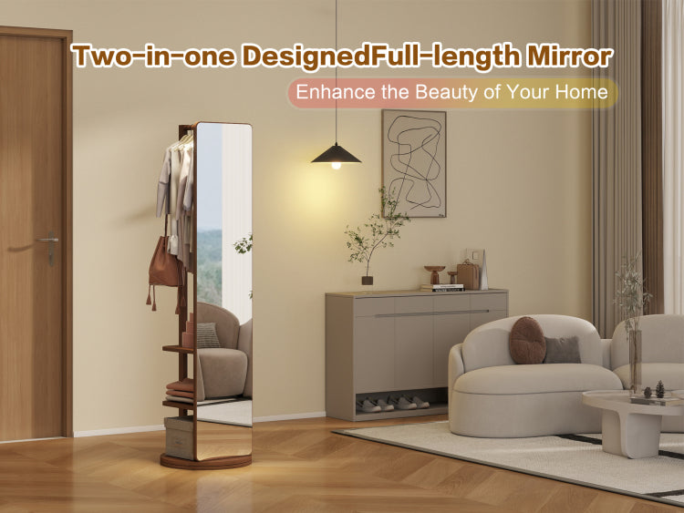 360 Rotating 69"X20" Multifunctional Full Length Mirror With Hook Storage Rack Coat Rack With Mirror Solid Wood Floor Mirror Bedroom Living Room Cloakroom Space Saving Walnut