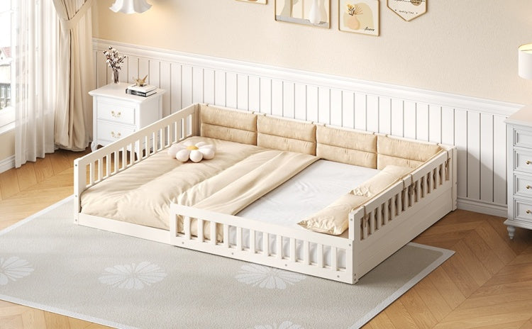 Wood Full Size Upholstered Platform Bed With Guardrail And Pillow, Beige
