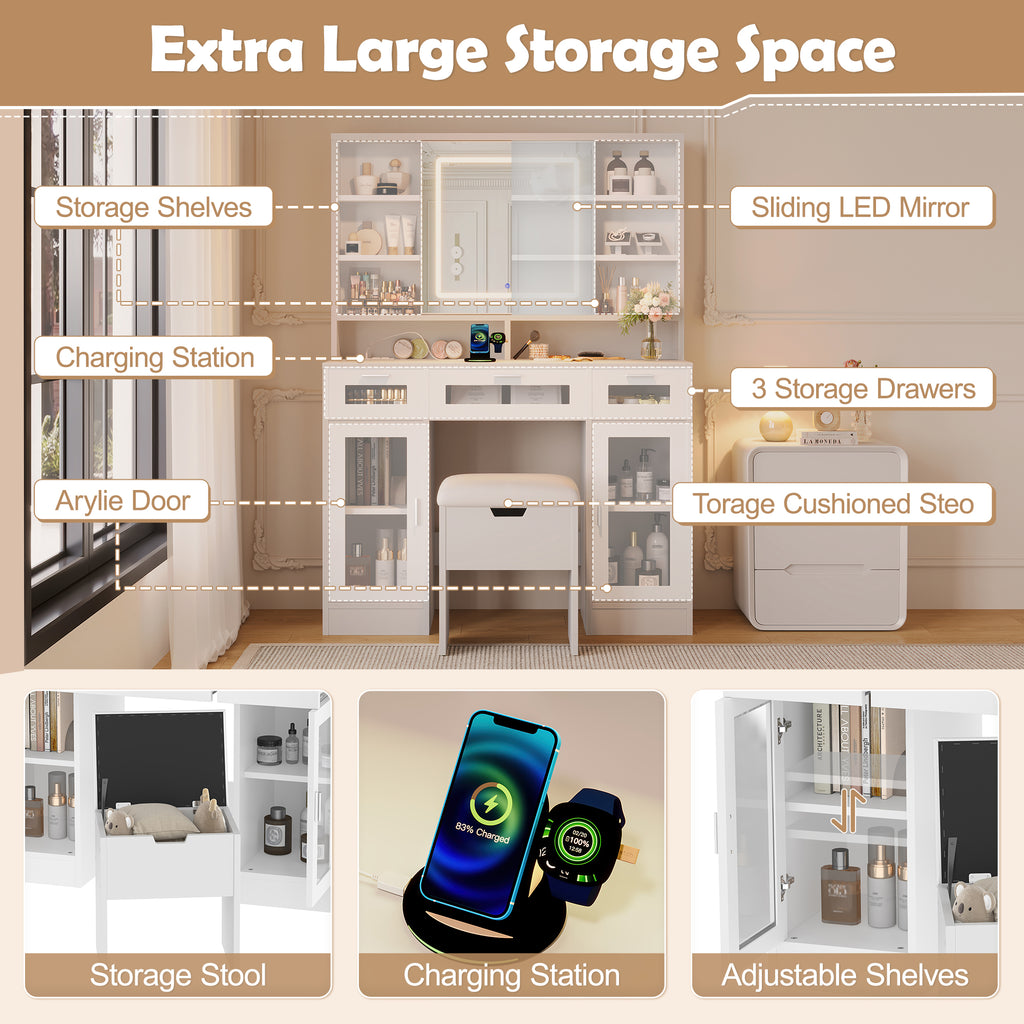 41.3" Makeup Vanity With Sliding Mirror And Led Lights, Dressing Table With Storage Stool, 3 Drawers And 2 Rgb Cabinets, Vanity Desk With Open Shelves And Charging Station, White