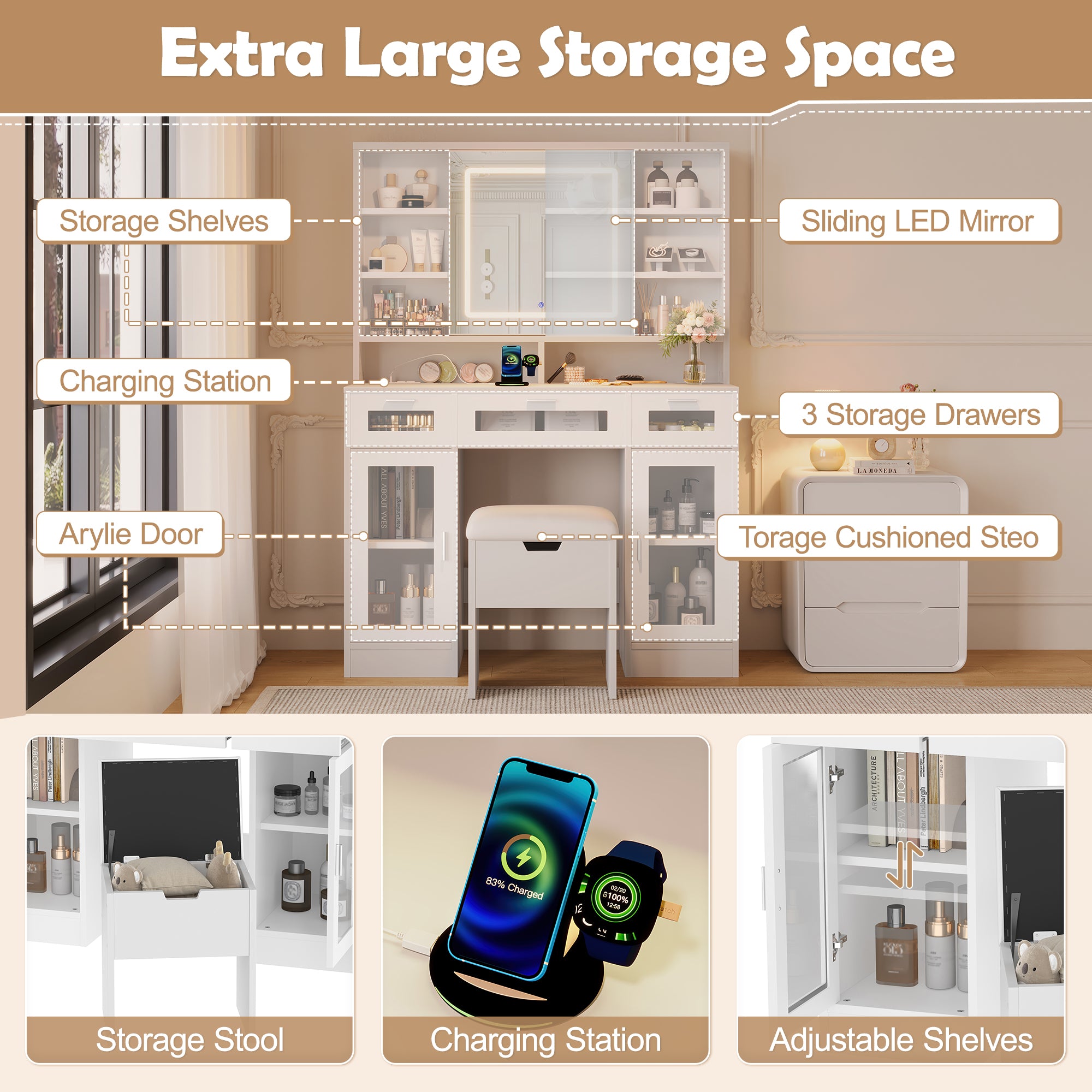 41.3" Makeup Vanity With Sliding Mirror And Led Lights, Dressing Table With Storage Stool, 3 Drawers And 2 Rgb Cabinets, Vanity Desk With Open Shelves And Charging Station, White