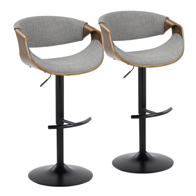 Mid Century Modern Adjustable Barstool With Swivel In Black Metal, Walnut Wood And Light Grey Fabric With Rounded T Footrest Set Of 2