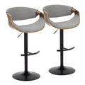 Mid Century Modern Adjustable Barstool With Swivel In Black Metal, Walnut Wood And Light Grey Fabric With Rounded T Footrest Set Of 2