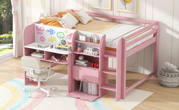 Full Size Low Loft Bed With Built In Desk,Storage Cabinets And Open Bookcase,Whiteboard For Graffiti,Pink