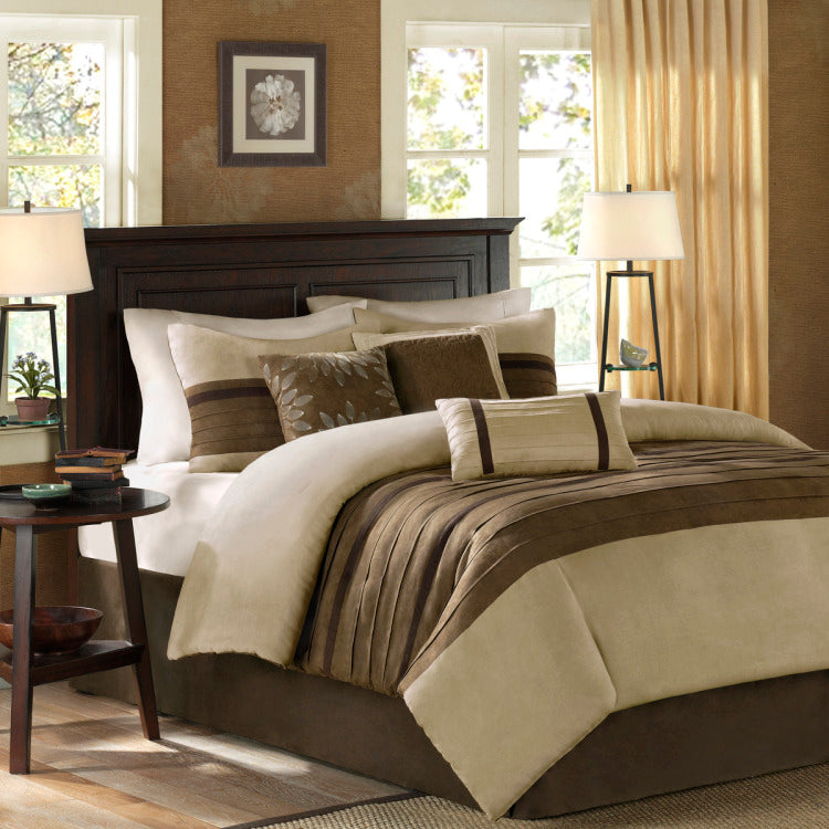 7 Pc Pieced Faux Suede Comforter Set Natural Full
