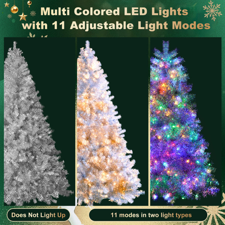 6Ft Sliver Pre Lit Artificial Christmas Tree, Hinged Full Tree With Metal Stand, 800 Branch Tips, 300 Led Lights,11 Lighting Modes, Holiday Decoration Tree For Indoor And Outdoor
