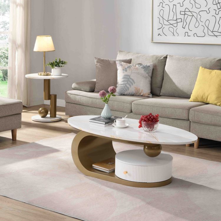 Modern Nesting Golden Coffee Table Set Of 2 End Table For Living Room, Oval And Round Table Set